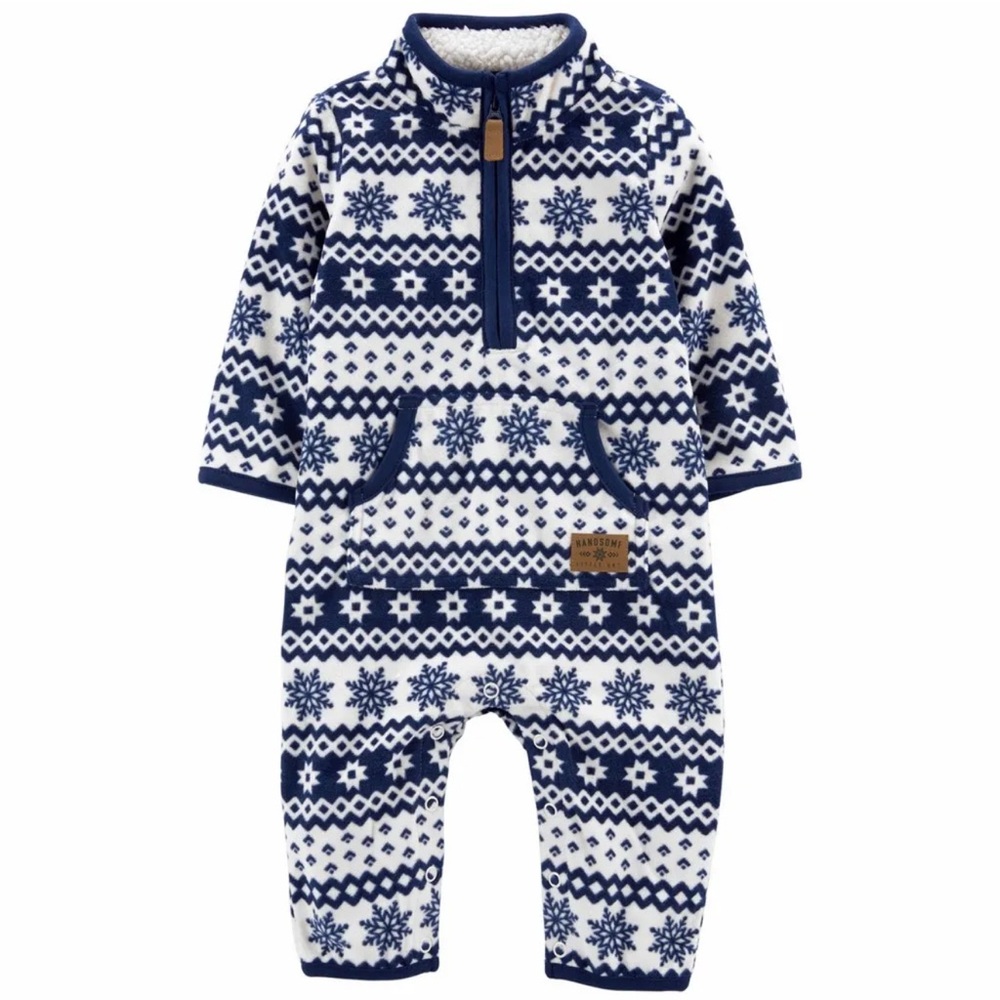 NWOT- Carter's Blue and White Snowflake Fleece Onesie. Size 3 months
